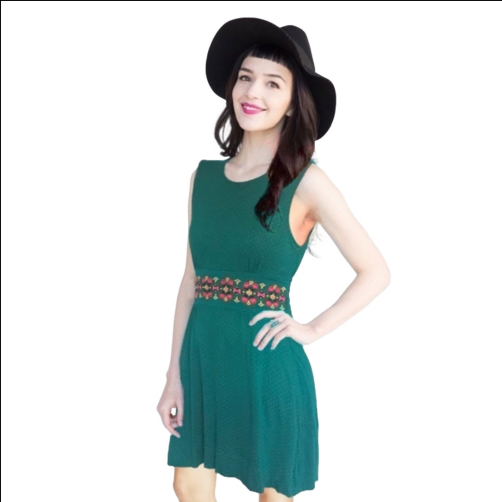Free People Emerald Green Sleeveless Mini Dress with Embroidered Waist